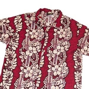 ODO Mens Hawaiian Shirt Burgundy Red Floral Hibiscus Cotton Button Down Large